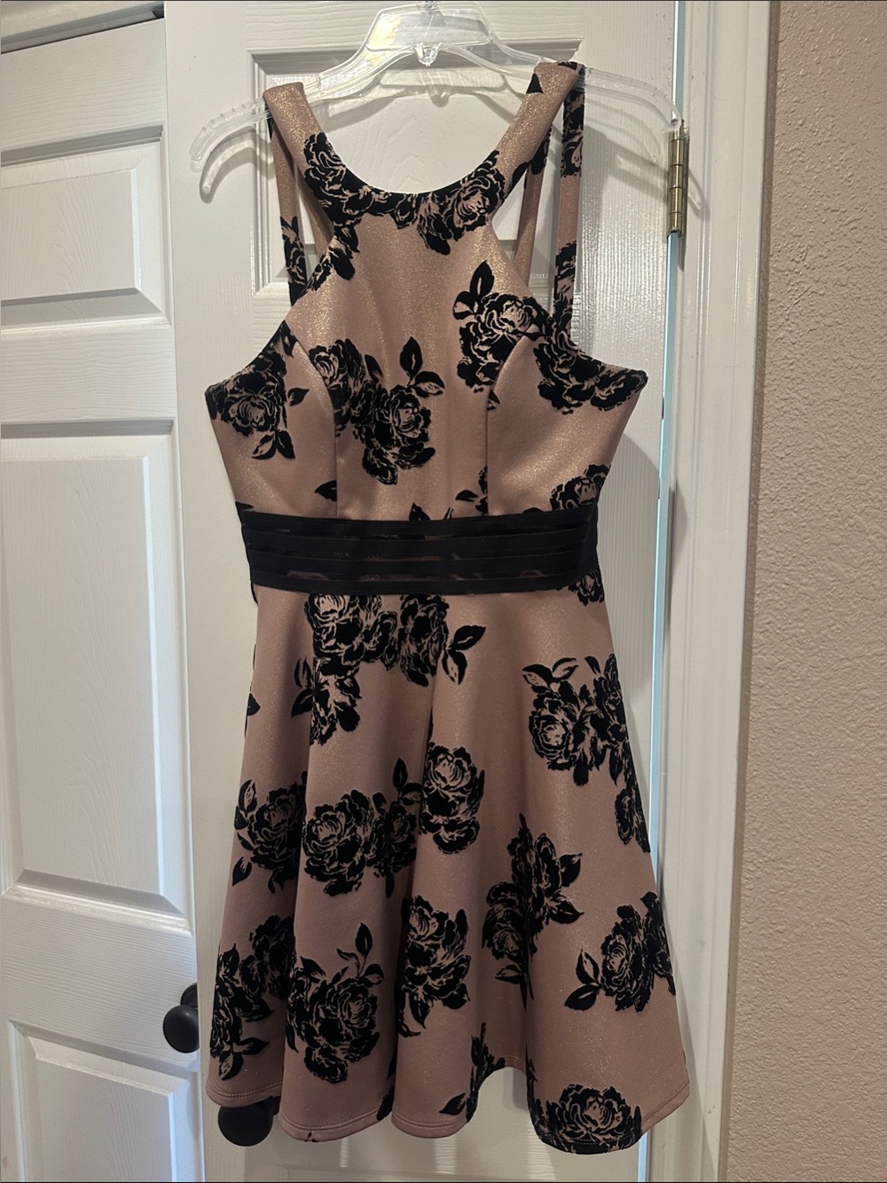 City Studio Taupe Mini Dress with Black Floral Print and Black Waistband